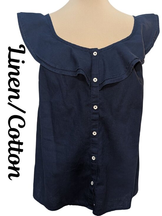 St. John's Bay Tops - St. John's Bay Navy Blue Linen Cotton Blend Ruffle Button Down Blouse